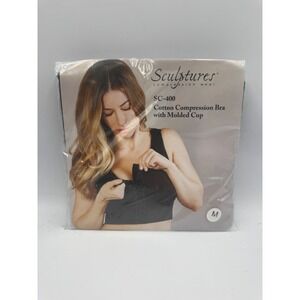 Sculptures Compression Bra Women Medium Black Cotton Molded Cup Adjustable Strap